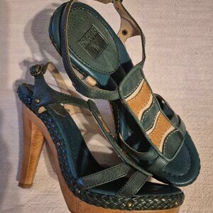 Frye Dara Wood Platform Slingback 9.5 Green Brown Whimsigoth Fairycore Boho 70s